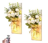 TYKHGFS Rustic Mason Jar Wall Sconces with LED String Light,2 Pack Hanging Wall Decor Mason Jars for Home Decor,LED Wall Lamp for Farmhouse Living Room Garden ChristmasRose