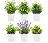 TYL&TYS 6 Pcs Mini Fake Plants, White Pot Faux Indoor Decor | Artificial Plastic Eucalyptus Plants, 15-25cm. Safe ABS plastic, Fade-proof. For Table Home Office Desk Farmhouse Room Decor