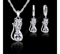 TYLDBNF Accessories 925 Sterling Silver Clear Cubic Zirconia Cat Pendant Necklace Earrings Hot Crystal Jewelry For n