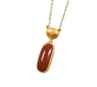 TYLDBNF Accessories Vintage S925 Necklace for Women Gold Plated Red Agate Geometric Fox Handmade Classical Jewelry Women's Pendant Necklaces Charm Gift National Old Craft