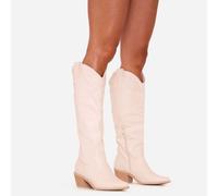 Tyler Embroidered Detail Pointed Toe Mid Calf Western Cowboy Boot In Cream Faux Leather, Women's Size UK 8