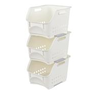 Tyminin Stackable Plastic Storage Basket for Kitchen or Bathroom, 3 Pack Stacking Veg Rack, White