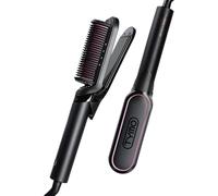 TYMO FLIPRO 2-in-1 Hair Straightener Brush & Flat Iron with 200M Negative Ions, Dual Voltage Anti-Scald Hot Comb, Frizz-Free Smooth & Shiny Hair, Less Heat Damage, Multi-Purpose Styler, Black