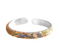 TYMONT 999 Sterling Silver Enamel with Gold-Painted Phoenix Bracelet Open-Cuff Fashionable Luxury Floral Women's Silver Bracelet