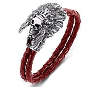TYMONT European And American Native Indian Chief Skull Bracelet, Men's Leather Braided Rope Titanium Steel Punk Bracelet,Red,16.5cm
