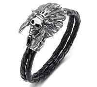 TYMONT European And American Native Indian Chief Skull Bracelet, Men's Leather Braided Rope Titanium Steel Punk Bracelet,Black,16.5cm