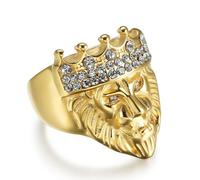 TYMONT Men's Diamond Lion King Ring, Personalised Gothic Hip Hop Stainless Steel Ring,Gold,9