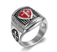 TYMONT Men's Red Cross Ring, Gothic Vintage Templar Red Cross Shield Stainless Steel Ring,Silver,8