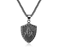 TYMONT Men's Stainless Steel Masonic Shield Pendant Necklace, Mason Compass Symbol Pendant Religious Jewelry,Silver,60cm