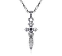 TYMONT Pure Pewter Vintage Sword Gemstone Pendant, Men's Personalised Hip Hop Pure Pewter Sword Gemstone Pendant Necklace,Silver,Pendant + Chain 60cm
