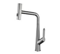 TYMYW Brass Kitchen Tap with Pull Out Spray 3 Modes 360° Swivel Waterfall High Arc Kitchen Taps Single Lever 1 Hole,Grey