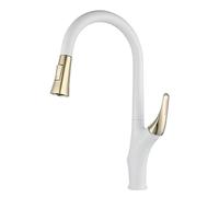 TYMYW Kitchen Mixer Tap with Pull Out Spray 2 Mode 360° Swivel High Arc Kitchen Tap Single Lever 1 Hole,White + Gold