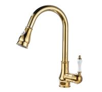 TYMYW Pull Out Spray Kitchen Sink Taps, 2 Spray Modes 360° Swivel Single Lever Kitchen Mixer Taps 1 Hole Brass,Retro Gold