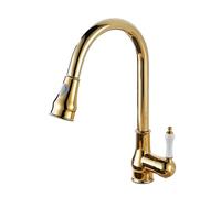 TYMYW Pull Out Spray Kitchen Sink Taps, 2 Spray Modes High Arc Kitchen Tap 360° Swivel Single Handle Brass,Retro Gold