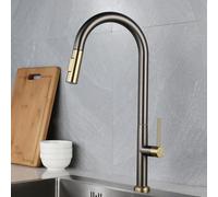 TYMYW Stainless Steel Kitchen Tap Pull Out with 2 Spray Mode 360° Swivel High-Arc Pull Out Kitchen Mixer Tap 1 Hole,Gray+Gold