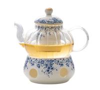 TYMYYS Ceramic Teapot And Heater, Ceramic Teapot With Infuser, Glass Tea Set For Afternoon Tea, Tea Warmer Stand(Without Candle)-little blue flower-base&teapot, FK2BCC222B9922C