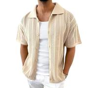 Tynver Men's Knit Short Sleeve Shirts Button Down Polo Shirt Casual See Through Mesh Breathable Cardigan Knitwear for Layering(khaki,M)