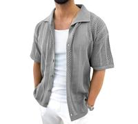 Tynver Men's Knit Short Sleeve Shirts Button Down Polo Shirt Casual See Through Mesh Breathable Cardigan Knitwear for Layering(gray,XL)