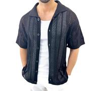 Tynver Men's Knit Short Sleeve Shirts Button Down Polo Shirt Casual See Through Mesh Breathable Cardigan Knitwear for Layering(black,XL)
