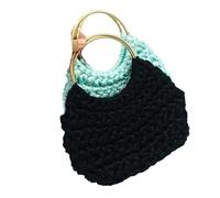 TYNXK Nylon Crochet Women Handbag Metallic Round Handle Clutch Bag Handmade Ribbon Woven Bags For Knitting Purses(Black)