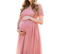 TYNXK Short Sleeve Lace Chiffon Maternity Dresses for Photoshoot Pregnant Women Maxi Gown Dress Pregnancy Baby Shower Photography Prop(L) Pink