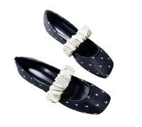 TYNXK Swan Print Ballet Flats Shoes for Women Square Toe Elastic Band Mary Janes Ladies Shallow Spring Autumn(37) Black
