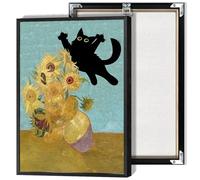 TYOHU Funny Black Cat Art Poster Vintage Van Gogh Sunflower Cat Print Canvas Wall Art Cute Animal Room Aesthetic Prints Painting For Home Bedroom Dorm Wall Decor 12x16in Framed