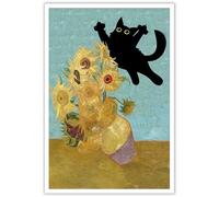TYOHU Funny Black Cat Art Poster Vintage Van Gogh Sunflower Cat Print Canvas Wall Art Cute Animal Room Aesthetic Prints Painting For Home Bedroom Dorm Wall Decor 16x24in Unframed