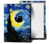 TYOHU Funny Starry Night Cat Canvas Wall Art - Famous Oil Painting Black Cat Poster With Floral Prints - Colorful Abstract Farmhouse Gallery Aesthetic Room Decor 12x16in Framed