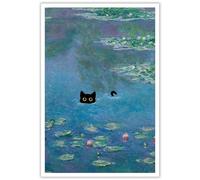 TYOHU Retro Monet Waterlily Cat Print Posters Funny Water Lillies Black Cat Prints Painting Eclectic Cute Preppy Aesthetic Room Decor For Bedroom Bathroom 12x16in Unframed