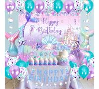 Tyotrbs Mermaid Party Decorations Mermaid Birthday Party Decorations Under The Sea Decor with Fish Tail Seashell Foil Balloons Haapy Birthday Banner for Ocean Theme Party (Purple)