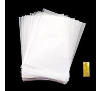 TYPAILYX 100Pcs 9.8"x 13.7" Bottom Gusset Bags,large Clear Cello Cellophane Plastic Treat Goodie Bags with 100x Twist Ties for Gift Party Favors