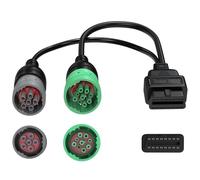 Type 2 Green 9 Pin J1939 and 6 Pin J1708 to 16 Pin OBD2 Adapter Split Y Cable for Diesel Truck Heavy Duty Diagnostic