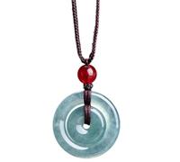 Type A JadeiteNatural Icy Blue Jadeite Mother & Son Double Peace Buckle Pendant Necklace Feng Shui Protection AmuletWithBraidedCord&RedAgateBead