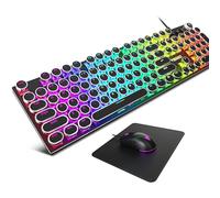 Typewriter Gaming Mechanical Keyboard and Mouse Combination, Rainbow RGB Backlit Wired Keyboard with Blue Switches, Round Keycaps, Media Control Knob for