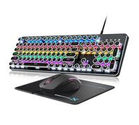 Typewriter Mechanical Gaming Keyboard and Mouse, Metal Panel Retro Keyboard with Round Keycap Blue Switch, RGB Backlit 104 Keys Anti-Ghost Wired Keyboard Mouse and Pad Combo for PC Laptop Gamer, Black