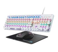 Typewriter Mechanical Gaming Keyboard and Mouse, Metal Panel Retro Keyboards with Round Keycap Blue Switch, Rainbow LED Backlit 104-Key Anti-Ghost Wired Mouse and Pad Combo for PC Laptop Mac Gamer