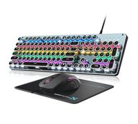 Typewriter Style Mechanical Gaming Keyboard Blue Switch, Rainbow LED Backlit Wired Computer Keyboards Mouse and Pad Combo, Metal Panel Retro Punk Round Keycaps, 104 Keys Anti-Ghost for PC Laptop Gamer
