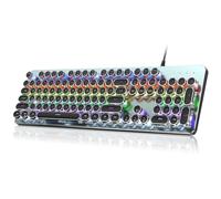 Typewriter Wired Mechanical Gaming Keyboard, Blue Switch LED Backlit | Metal Panel, Retro Punk Round Keycaps, 104 Keys Wired USB Keyboard for PC Laptop Mac Gamer, Rainbow Backlit, RisoPhy