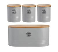 Typhoon Living Kitchen Storage Set, 4-Piece Canister Collection with Bamboo Lids, Grey Metal Containers for Tea Coffee Sugar and Bread (Grey Set of 4)
