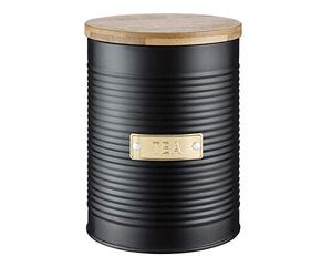 Typhoon Retro Sleek Design Embossed Stripe Stainless Steel Tea Coffee Sugar Cookie Bread Bin Storage Jar Canister Wooden Bamboo Lid Otto Black (Tea)