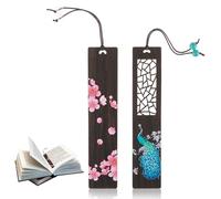 Tyqour 2pcs Book Marks for Reading Men Women, Handmade Carving Wooden Bookmarks, Cute Funny Bookmark Hollow Out and Painted Craft Bookmark Vintage (Peacock, Cherry Blossoms)