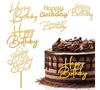 Tyqour 6pcs Gold Happy Birthday Cake Toppers Glitter Side Mirror Acrylic Cake Topper Personalised Cake Topper Happy Birthday Cupcake Toppers Cake Decorations for DIY Birthday Cake Decor
