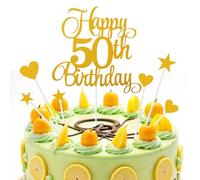 Tyqour 7Pcs Gold Happy 50th Birthday Cake Topper Gitter 50th Anniversary Cake Topper 50 Years Birthday Cake Decorations for Wedding Party Decorations
