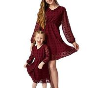 TYQQU Mother and Daughter Matching Chic Heart Neckline Cute Mini Babydoll Dress for Beach Wine Red 3-4Y