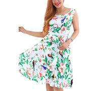 TYQQU Printed Dress for Women Knee-Long Round Neck with Belt Pleated Dress Sleeveless Plus Size Green Bird 3XL