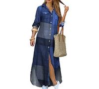 TYQQU Woman Long Dress Lapel Collar Dress Button Closure Adjustable Sleeve Dress Slit Simple Style Casual Dress Blue 2XL