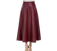 TYQQU Women's Faux Leather Stylish Skirts High Waisted Zipper Long A-Line Flared Classic Solid Color Skirts Red M