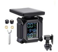 Tyre Pressure Monitor, Solar Power Motorcycle TPMS Wireless Tyre Pressure Monitoring System, IP65 Waterproof Motorbike Tire Pressure Monitor Sensor with Time Display & 2 External Sensors