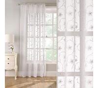 Tyrone Textiles Ltd Belle - Embroidered Floral Voile Panel Curtain on Linen Style Ground with Glittery Sequins (White, Drop - 48" (122cm))